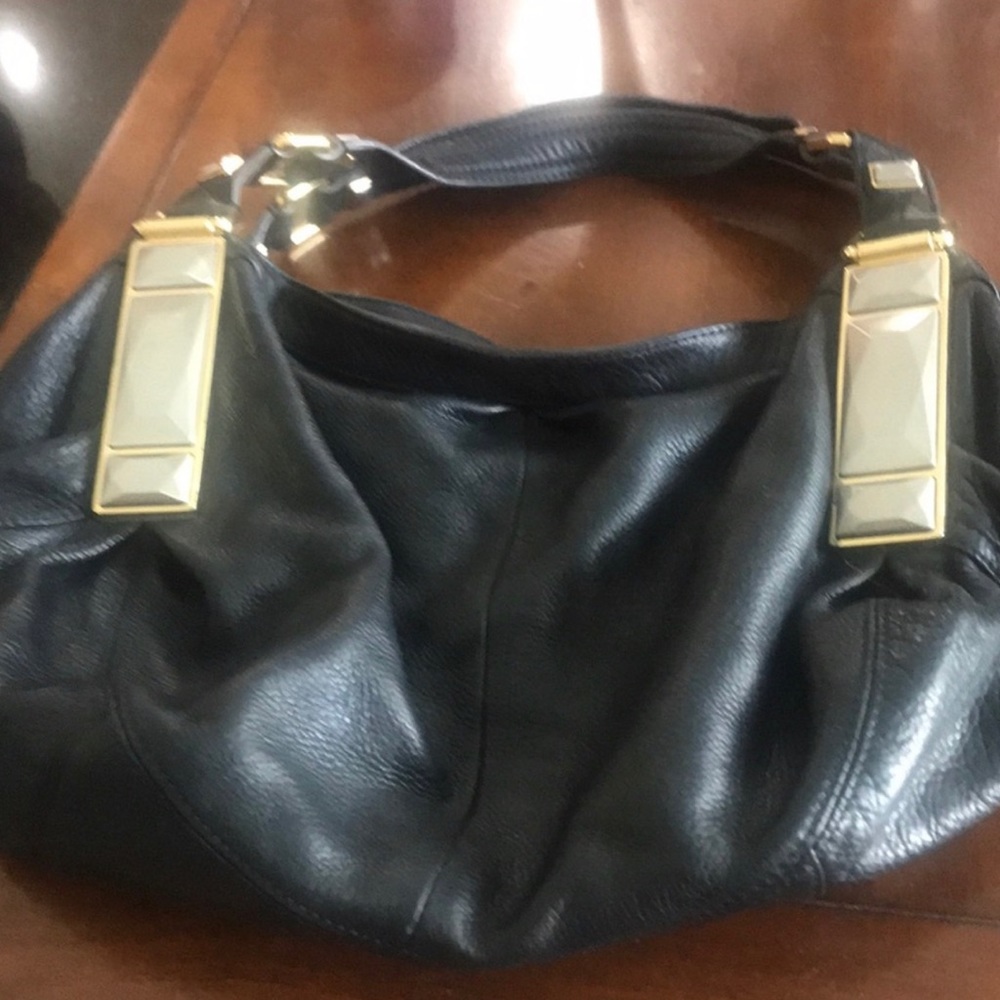B Makowsky Black Pebbled Leather Hobo Slouchy Shoulder HandBag Double Handles